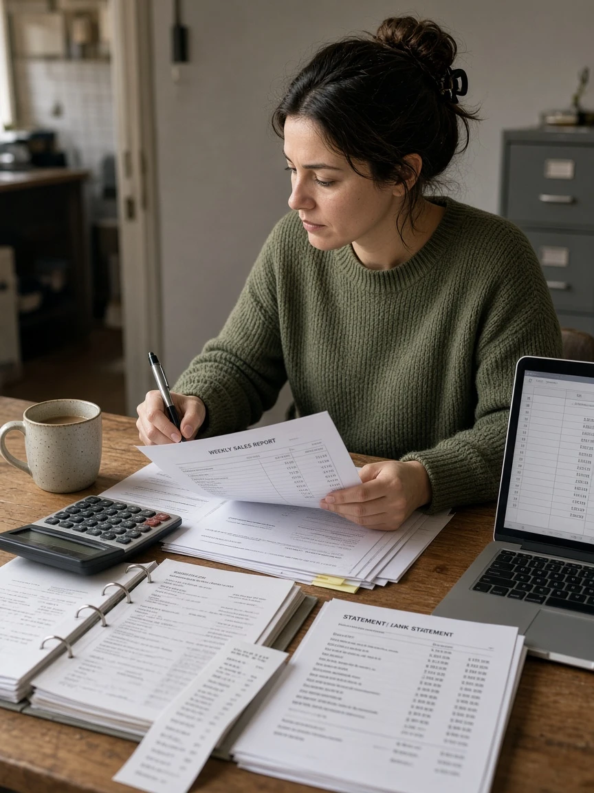 Back-office desk with invoices, calculator, and a spreadsheet for sales and expenses