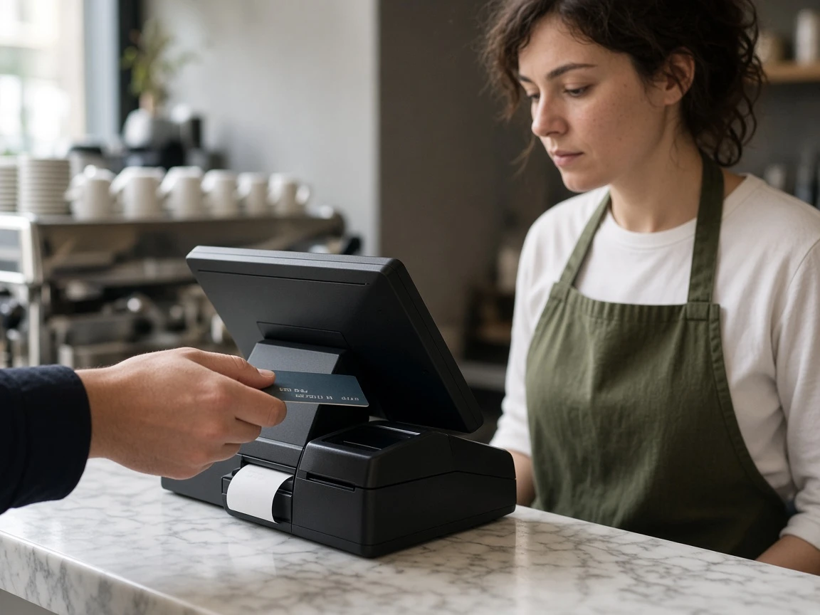 Customer tapping a contactless card at a cafe POS terminal