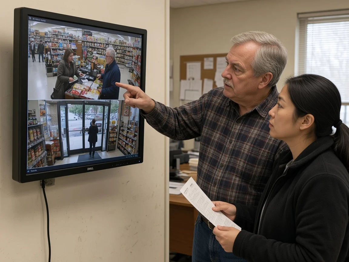 Manager and staff reviewing a wall monitor that shows the checkout and the front door